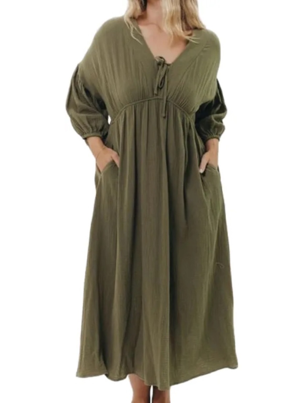 Worth Collective Hunter Relaxed Green Midi Dress with Tie Neck – Bump Friendly